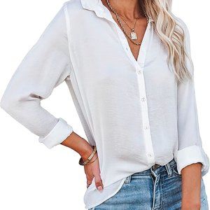 Diosun Womens Button Down V Neck Shirts Long/Short Sleeve Office Casual Business